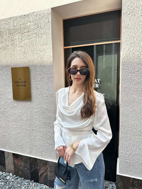 Premium Satin Cowl Neck Waist Tie Trumpet Sleeves Tops
